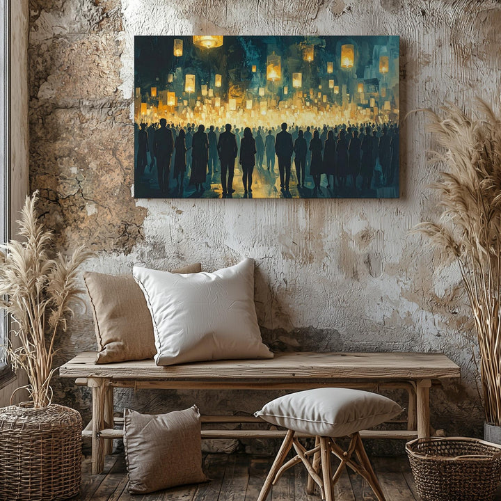 Lantern Vigil Canvas – Spiritual Crowd Silhouette with Floating Lights - Gifitto