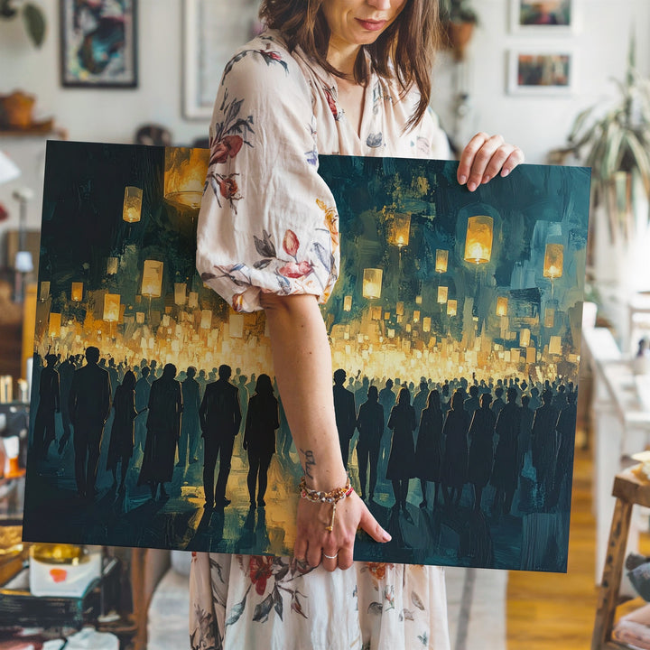 Lantern Vigil Canvas – Spiritual Crowd Silhouette with Floating Lights - Gifitto