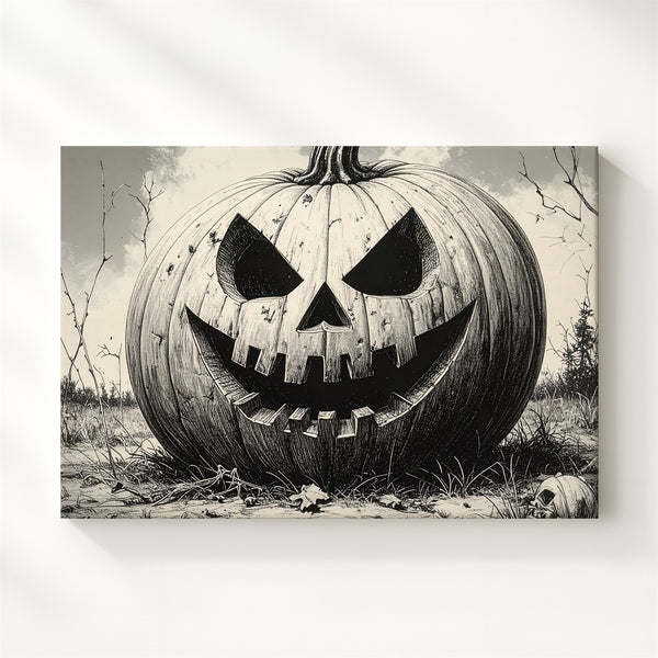 Cursed Jack-o'-Lantern Canvas – Monochrome Halloween Pumpkin Etching Art - Gifitto