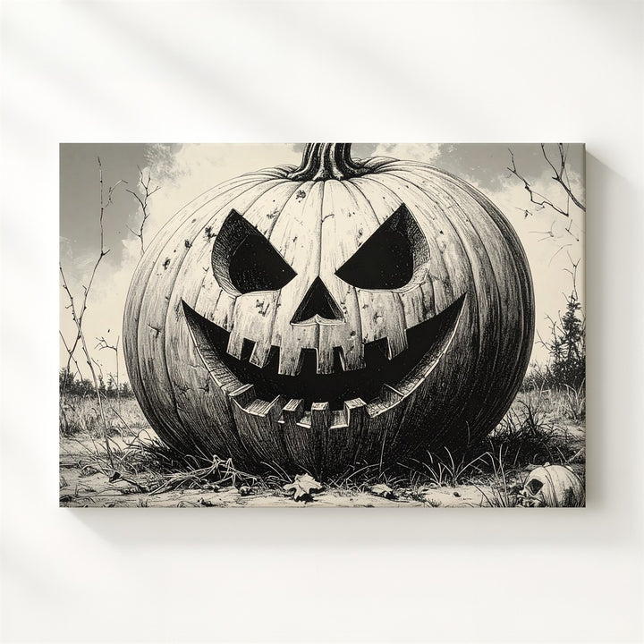 Cursed Jack-o'-Lantern Canvas – Monochrome Halloween Pumpkin Etching Art - Gifitto
