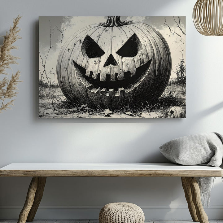 Cursed Jack-o'-Lantern Canvas – Monochrome Halloween Pumpkin Etching Art - Gifitto