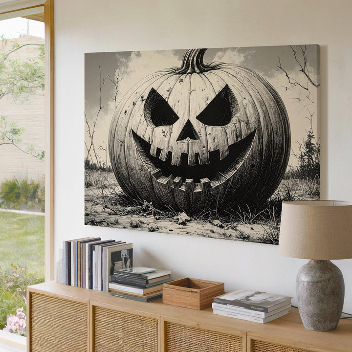 Cursed Jack-o'-Lantern Canvas – Monochrome Halloween Pumpkin Etching Art - Gifitto