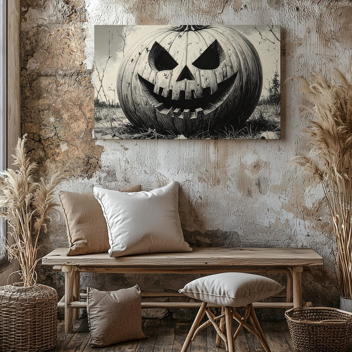 Cursed Jack-o'-Lantern Canvas – Monochrome Halloween Pumpkin Etching Art - Gifitto