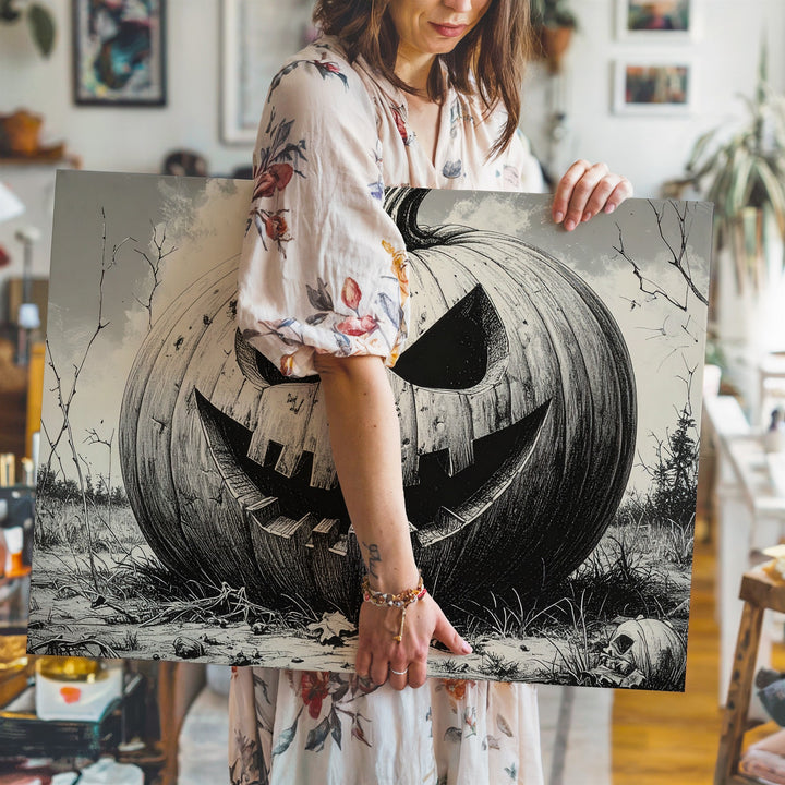 Cursed Jack-o'-Lantern Canvas – Monochrome Halloween Pumpkin Etching Art - Gifitto