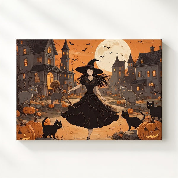 Lively Young Witch Halloween Canvas – Festive Village Night Art - Gifitto