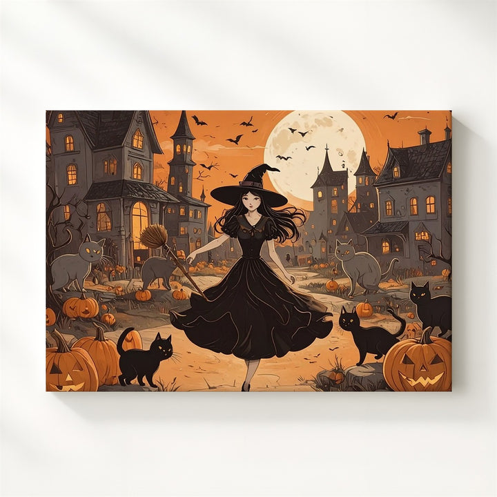 Lively Young Witch Halloween Canvas – Festive Village Night Art - Gifitto