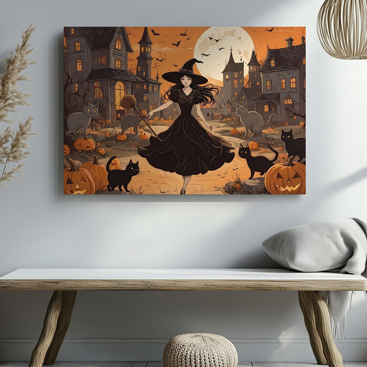 Lively Young Witch Halloween Canvas – Festive Village Night Art - Gifitto