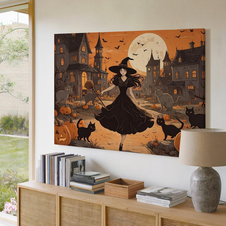Lively Young Witch Halloween Canvas – Festive Village Night Art - Gifitto