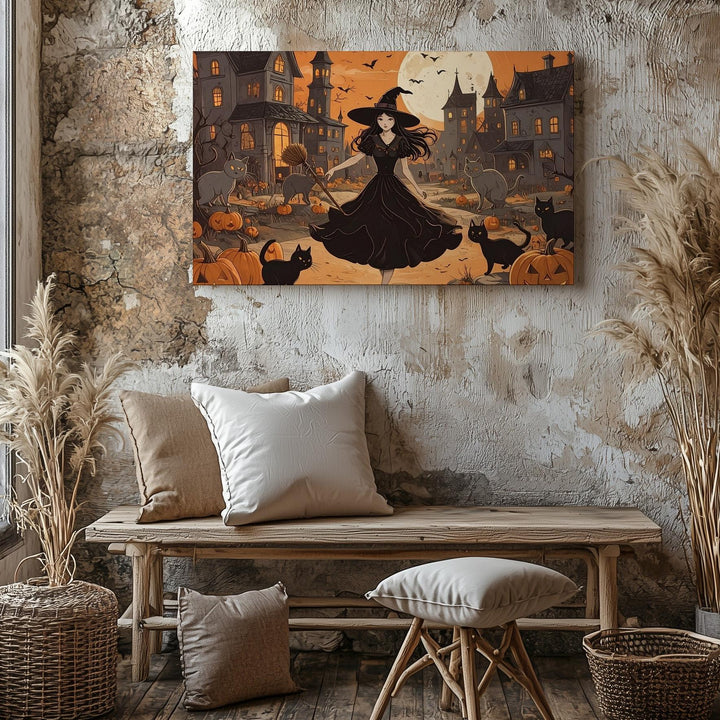 Lively Young Witch Halloween Canvas – Festive Village Night Art - Gifitto