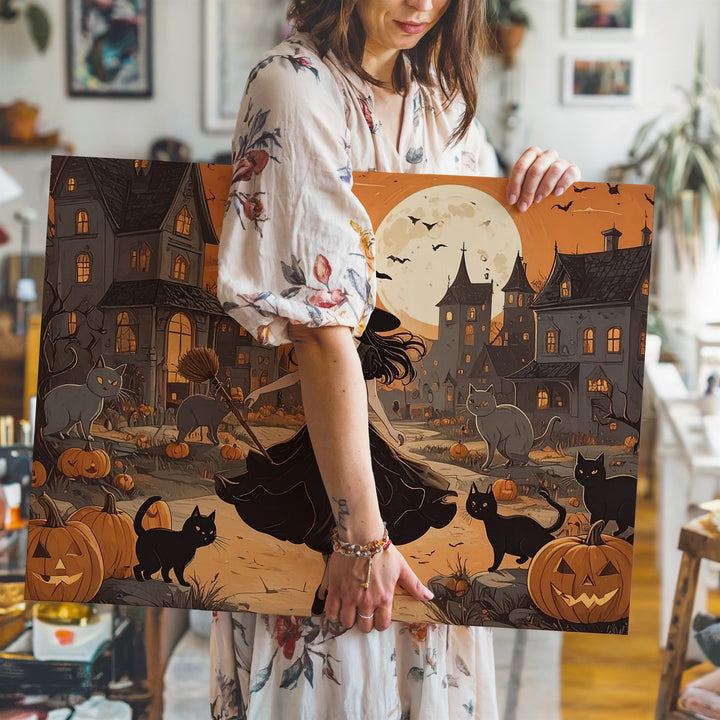 Lively Young Witch Halloween Canvas – Festive Village Night Art - Gifitto