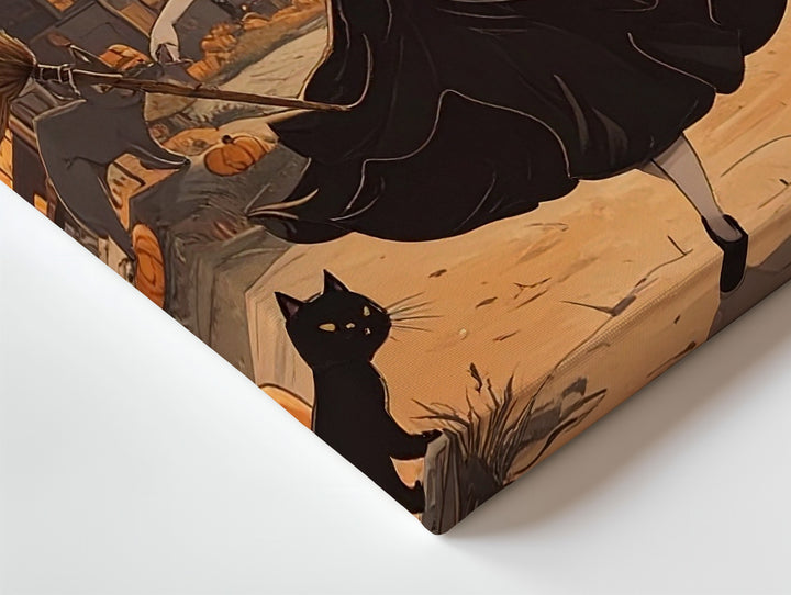 Lively Young Witch Halloween Canvas – Festive Village Night Art - Gifitto