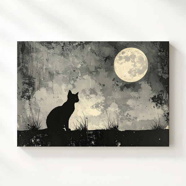 Black Cat & Full Moon Canvas – Mystical Halloween Night Silhouette Art - Gifitto