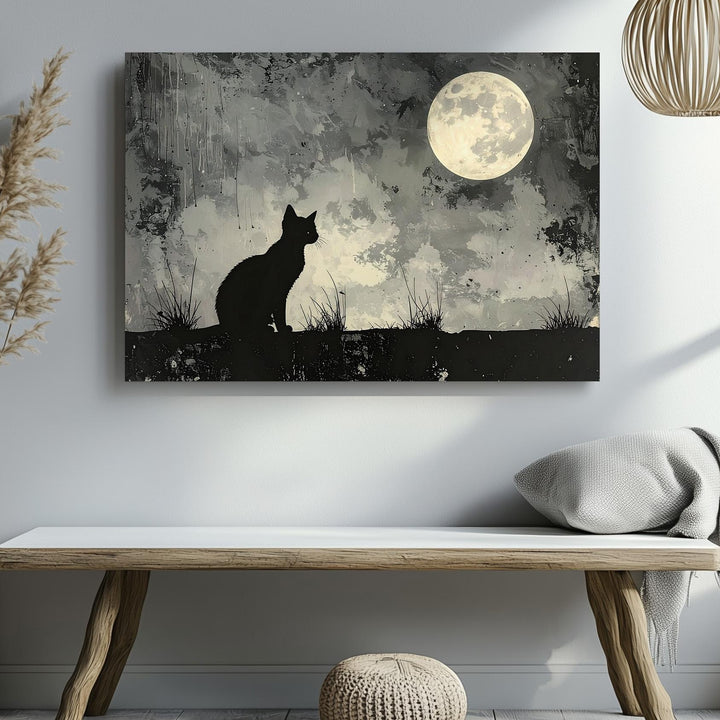 Black Cat & Full Moon Canvas – Mystical Halloween Night Silhouette Art - Gifitto