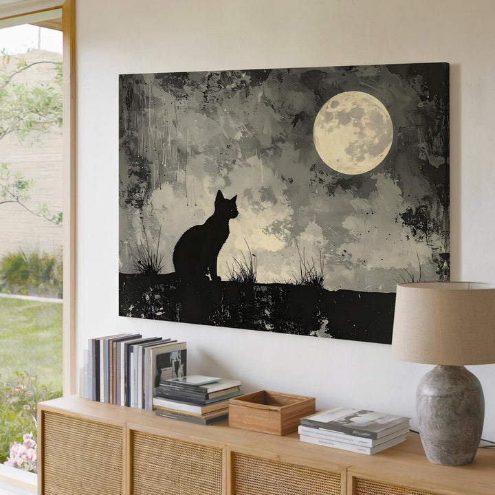 Black Cat & Full Moon Canvas – Mystical Halloween Night Silhouette Art - Gifitto