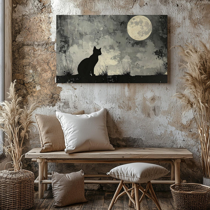 Black Cat & Full Moon Canvas – Mystical Halloween Night Silhouette Art - Gifitto