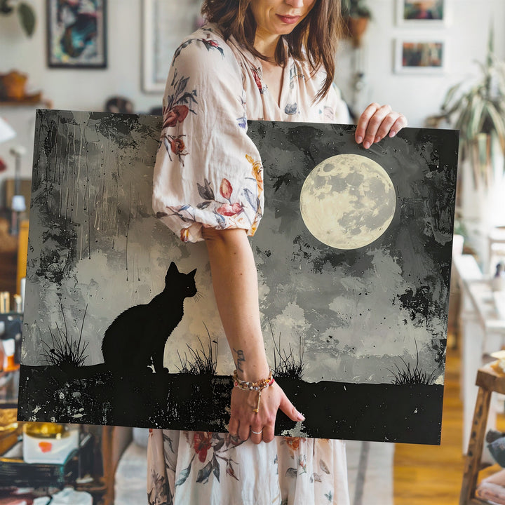 Black Cat & Full Moon Canvas – Mystical Halloween Night Silhouette Art - Gifitto