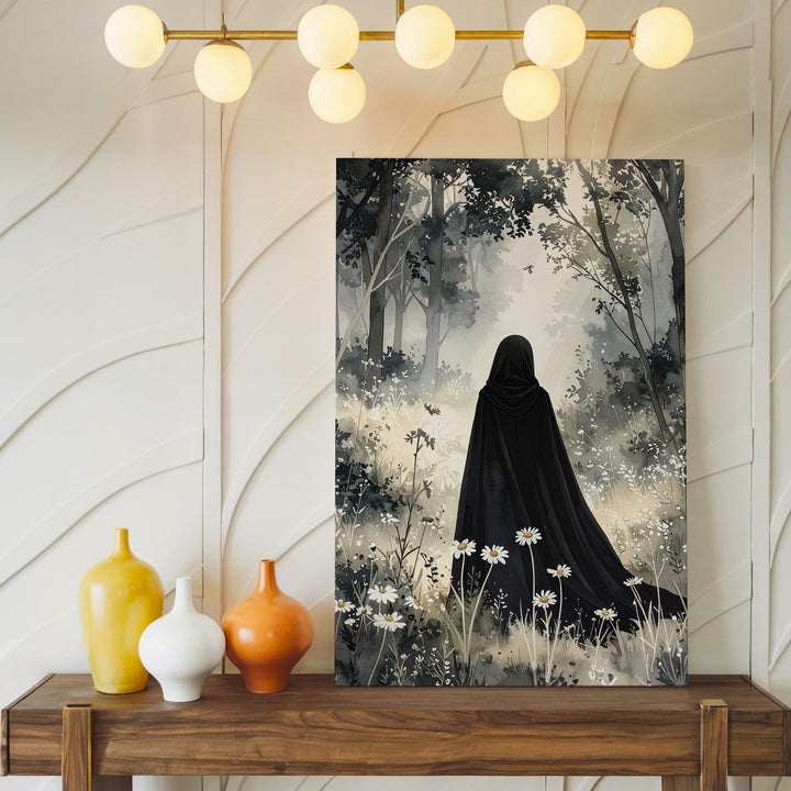 Ethereal Cloaked Figure Canvas – Soft Forest Spirit Halloween Art - Gifitto