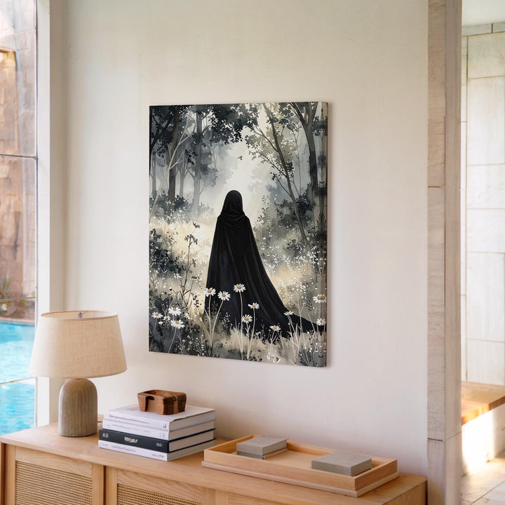 Ethereal Cloaked Figure Canvas – Soft Forest Spirit Halloween Art - Gifitto
