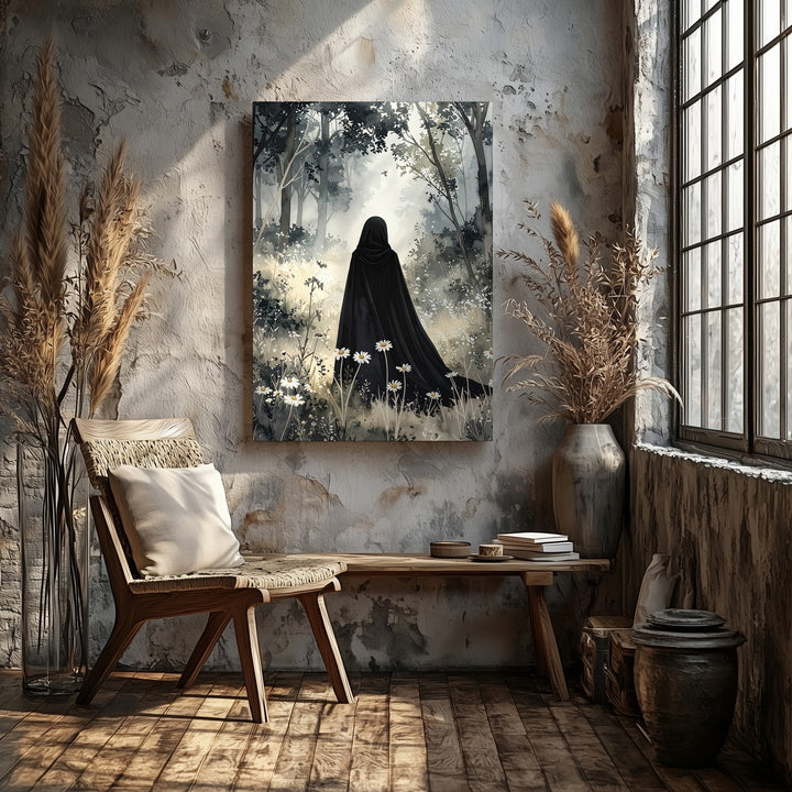 Ethereal Cloaked Figure Canvas – Soft Forest Spirit Halloween Art - Gifitto