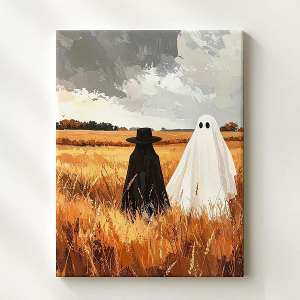 Ghost in Wheat Field Canvas – Peaceful Autumn Halloween Landscape Art - Gifitto
