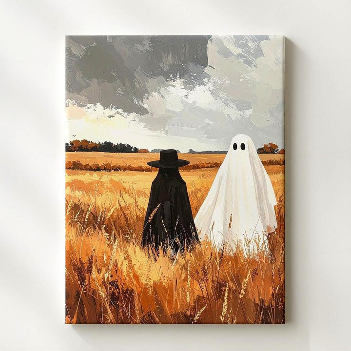 Ghost in Wheat Field Canvas – Peaceful Autumn Halloween Landscape Art - Gifitto