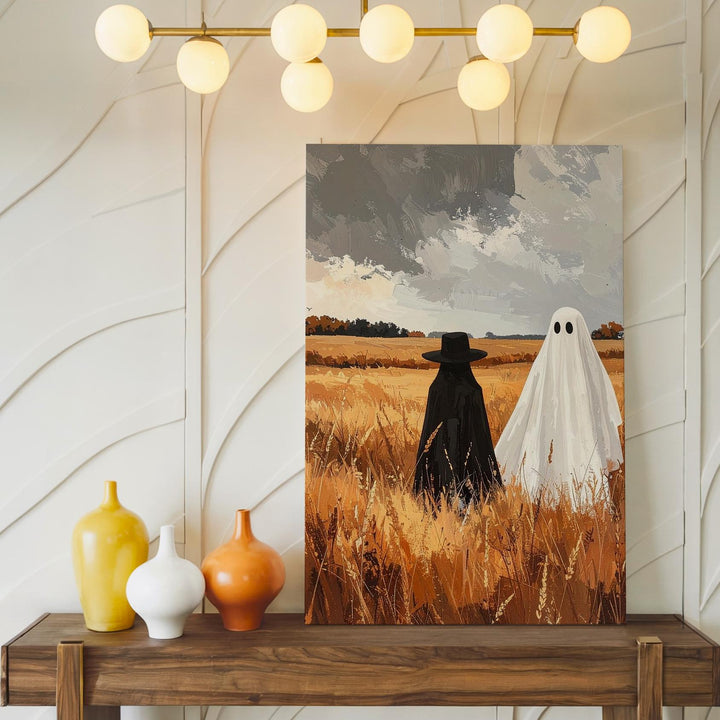 Ghost in Wheat Field Canvas – Peaceful Autumn Halloween Landscape Art - Gifitto