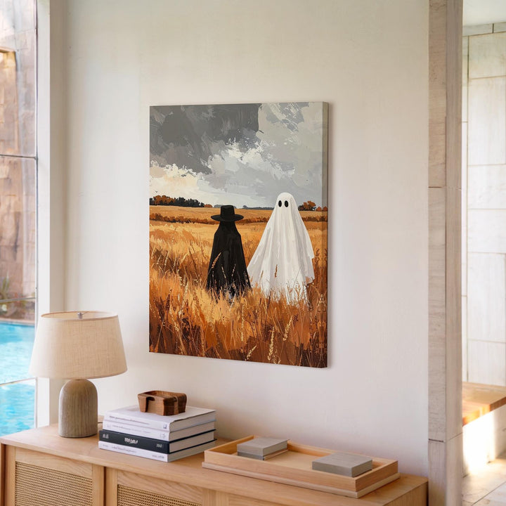 Ghost in Wheat Field Canvas – Peaceful Autumn Halloween Landscape Art - Gifitto