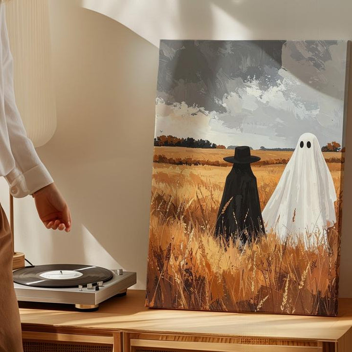 Ghost in Wheat Field Canvas – Peaceful Autumn Halloween Landscape Art - Gifitto