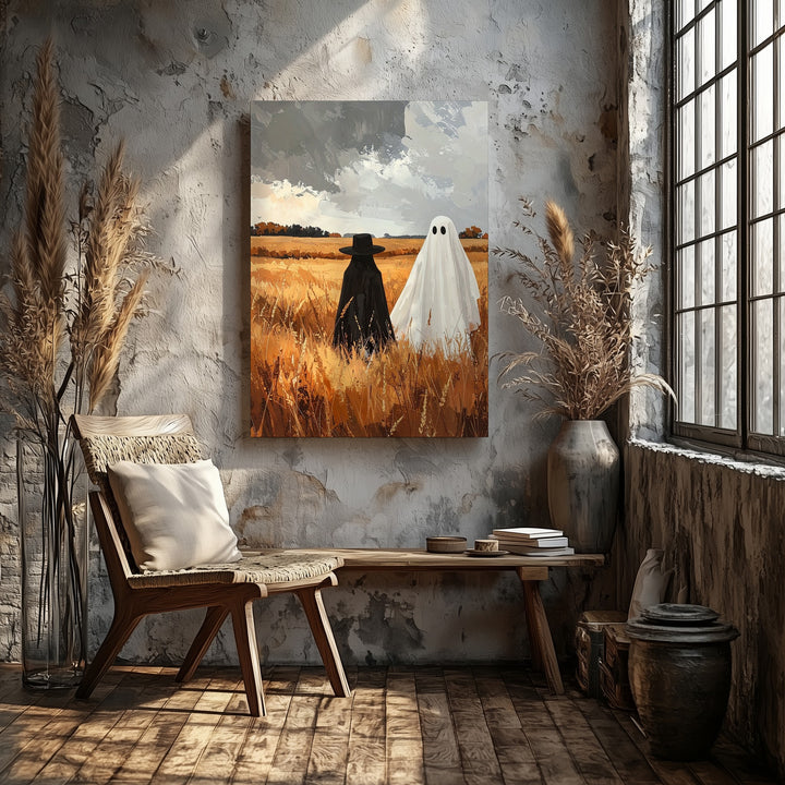 Ghost in Wheat Field Canvas – Peaceful Autumn Halloween Landscape Art - Gifitto