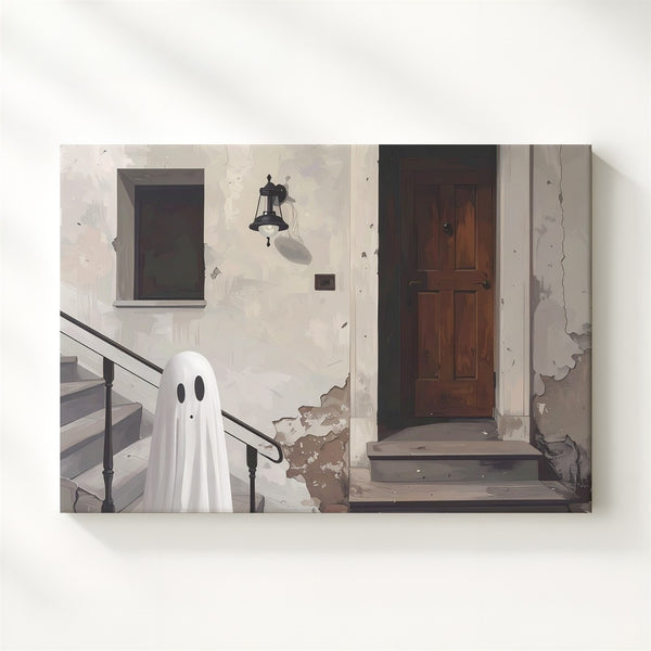 Ghost on the Staircase Canvas – Minimalist Haunted House Wall Art - Gifitto