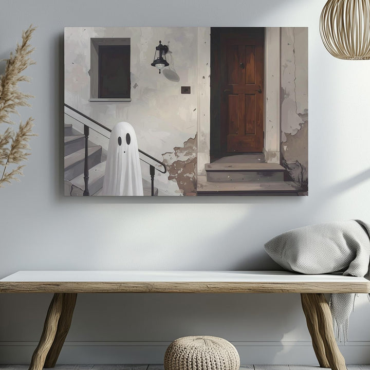 Ghost on the Staircase Canvas – Minimalist Haunted House Wall Art - Gifitto