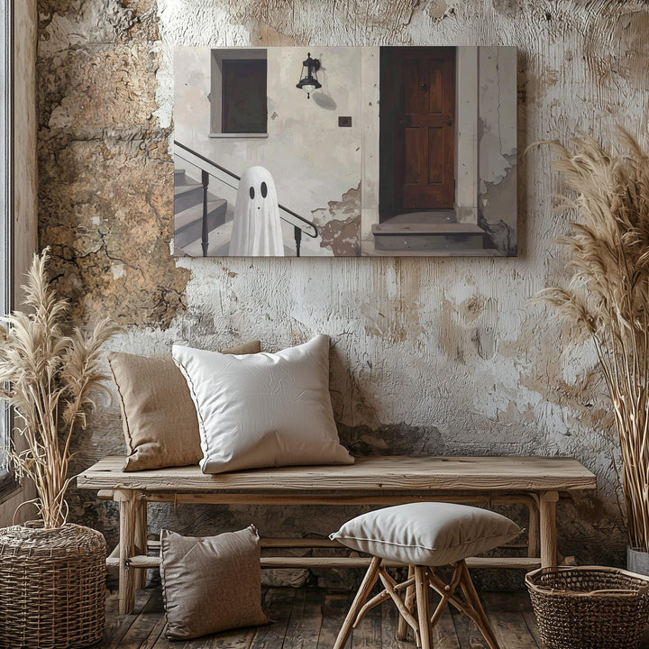 Ghost on the Staircase Canvas – Minimalist Haunted House Wall Art - Gifitto