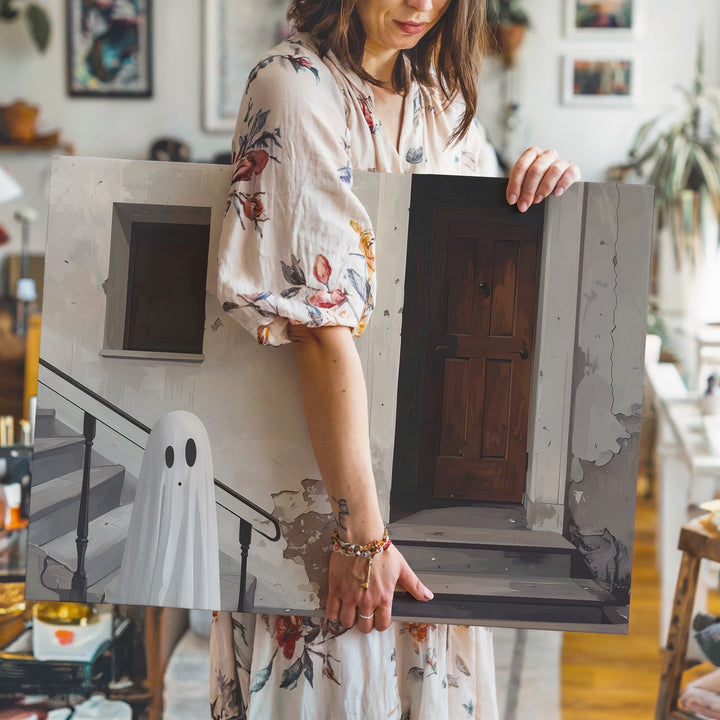 Ghost on the Staircase Canvas – Minimalist Haunted House Wall Art - Gifitto