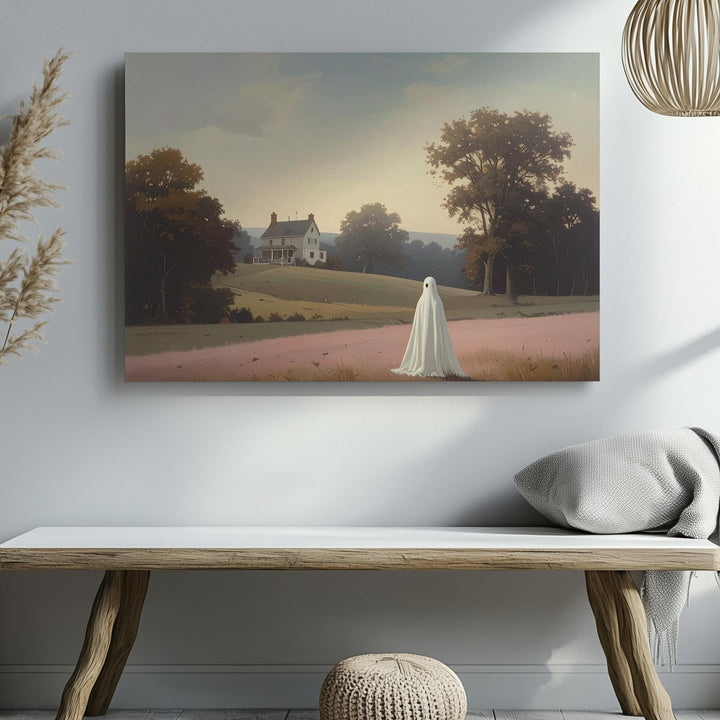 Pastel Ghost Memory Canvas – Dreamlike Autumn Spirit Facing Distant Home - Gifitto