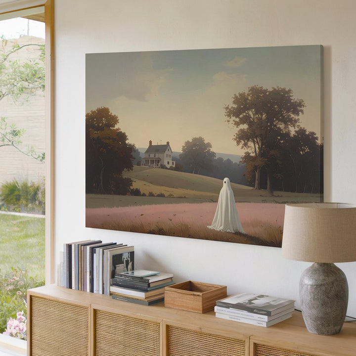Pastel Ghost Memory Canvas – Dreamlike Autumn Spirit Facing Distant Home - Gifitto