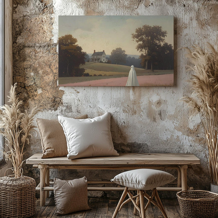 Pastel Ghost Memory Canvas – Dreamlike Autumn Spirit Facing Distant Home - Gifitto
