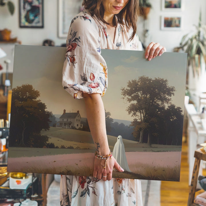 Pastel Ghost Memory Canvas – Dreamlike Autumn Spirit Facing Distant Home - Gifitto