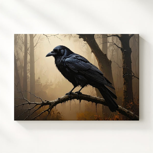 Lone Raven on Twisted Branch Canvas – Sepia Gothic Halloween Wall Art - Gifitto