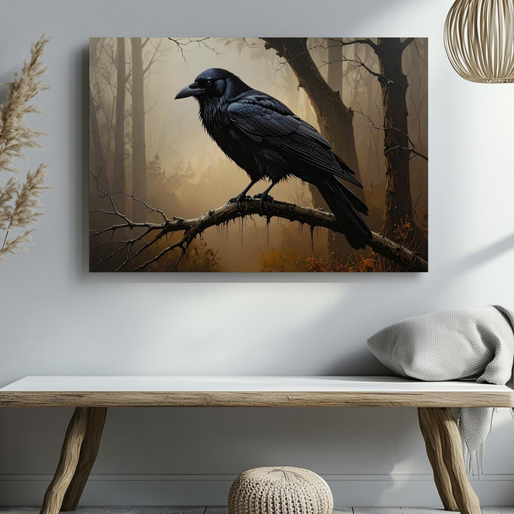 Lone Raven on Twisted Branch Canvas – Sepia Gothic Halloween Wall Art - Gifitto