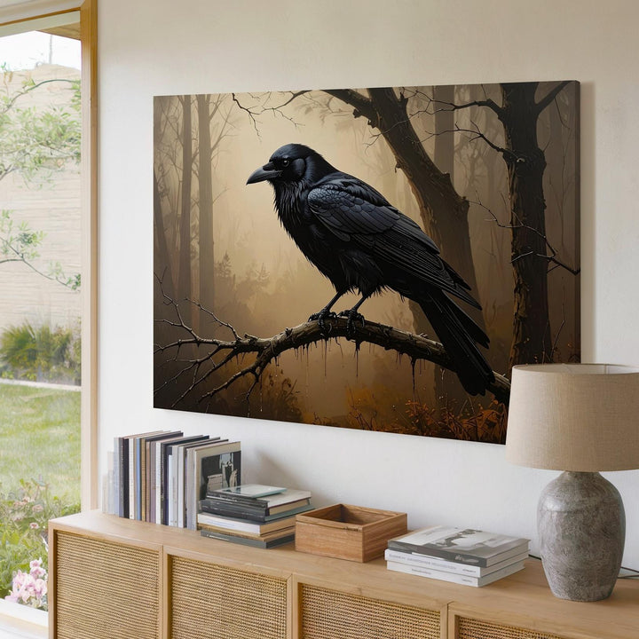 Lone Raven on Twisted Branch Canvas – Sepia Gothic Halloween Wall Art - Gifitto