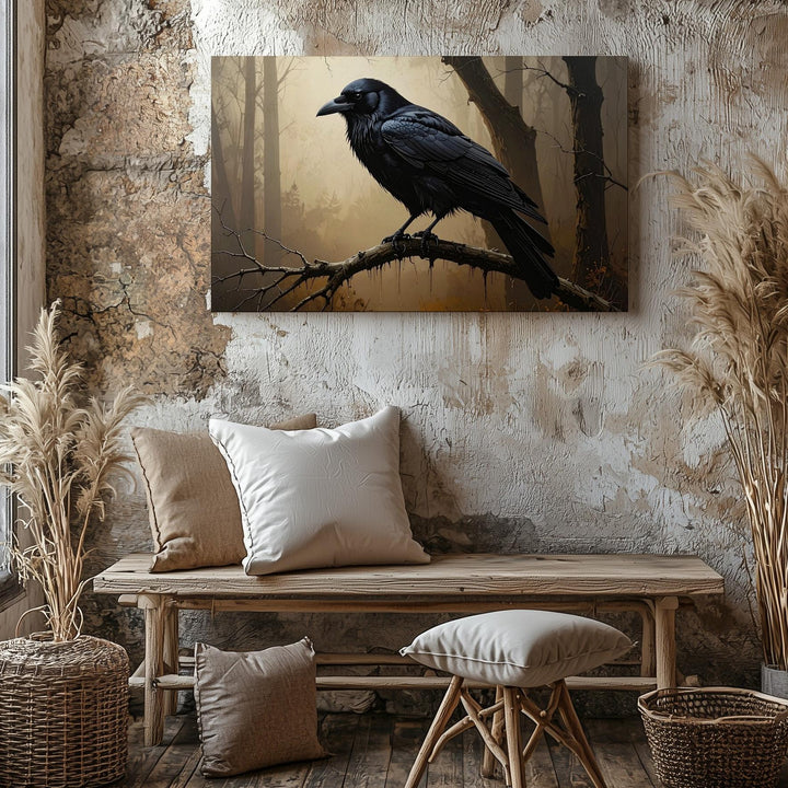 Lone Raven on Twisted Branch Canvas – Sepia Gothic Halloween Wall Art - Gifitto