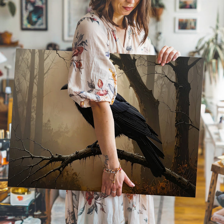 Lone Raven on Twisted Branch Canvas – Sepia Gothic Halloween Wall Art - Gifitto