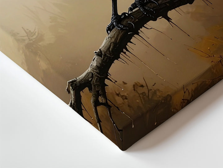 Lone Raven on Twisted Branch Canvas – Sepia Gothic Halloween Wall Art - Gifitto