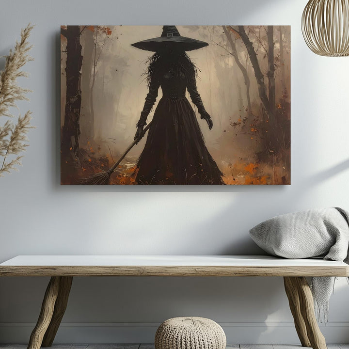 Solitary Witch in Autumn Forest Canvas – Mystical Halloween Wall Art - Gifitto