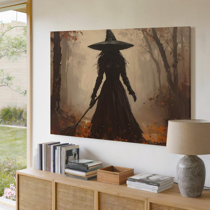 Solitary Witch in Autumn Forest Canvas – Mystical Halloween Wall Art - Gifitto