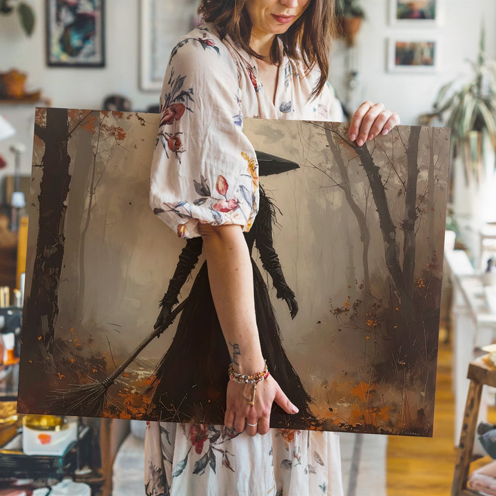 Solitary Witch in Autumn Forest Canvas – Mystical Halloween Wall Art - Gifitto