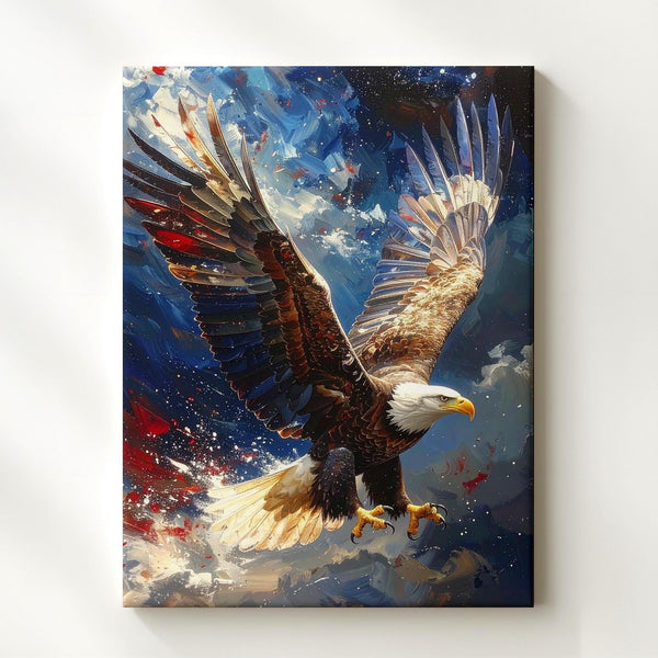 Majestic Bald Eagle in Flight Canvas – Red, White & Blue Streaks with Starry Sky - Gifitto
