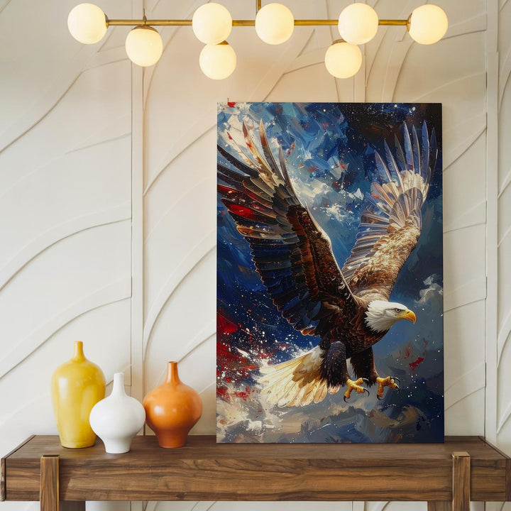 Majestic Bald Eagle in Flight Canvas – Red, White & Blue Streaks with Starry Sky - Gifitto