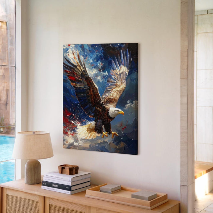 Majestic Bald Eagle in Flight Canvas – Red, White & Blue Streaks with Starry Sky - Gifitto