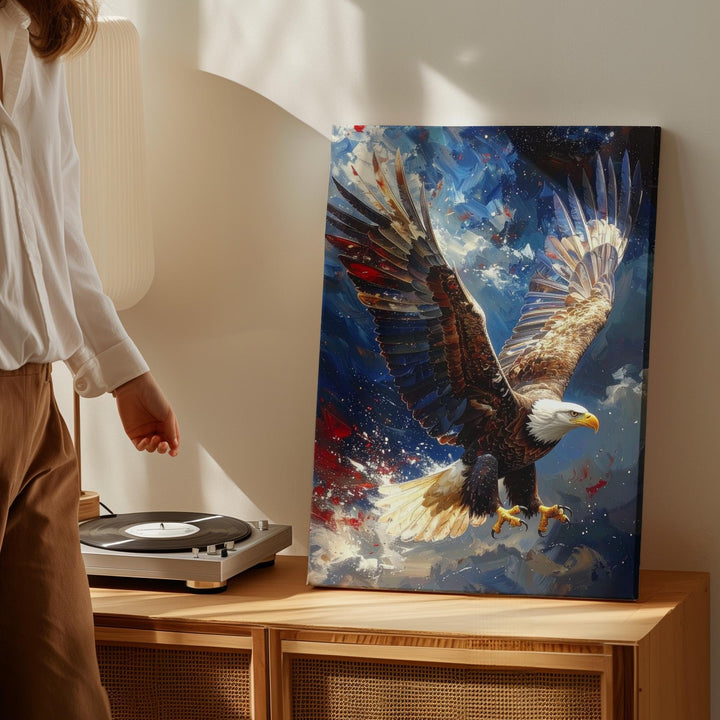 Majestic Bald Eagle in Flight Canvas – Red, White & Blue Streaks with Starry Sky - Gifitto